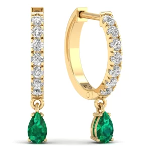 Diamond and Emerald Drop Huggies - Yellow Gold